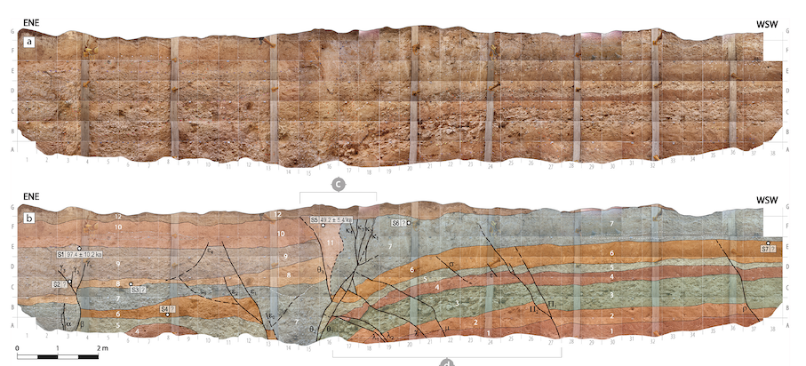  Fotomosaico de una trinchera en Singra (Teruel), excavada para el estudio de la falla de Sierra Palomera, y corte detallado de la misma. <br> Photomosaic of a trench in Singra (Teruel), excavated for the study of the Sierra Palomera fault, and detailed cut of the same.